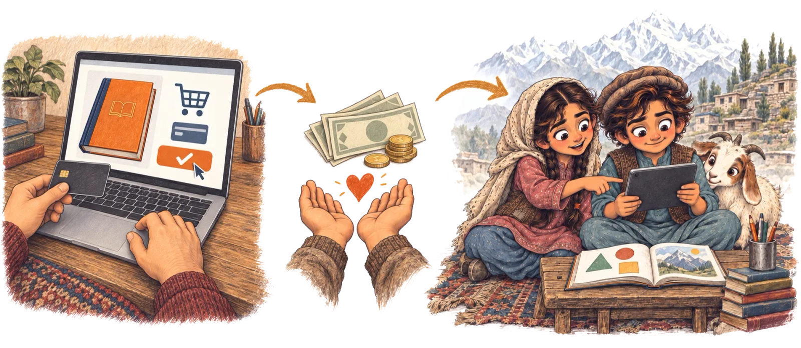 A reader buys a book online, part of the money goes to the fund, and two children in the mountains of Northern Pakistan learn with a tablet and books